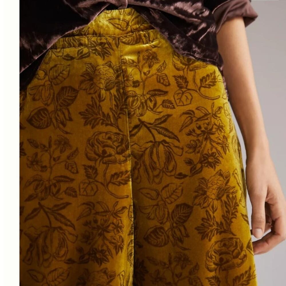 NWT Vintage Anthropologie Green Gold Floral Velvet Wide-Leg Trouser Pants Size 6 - Picture 4 of 11
